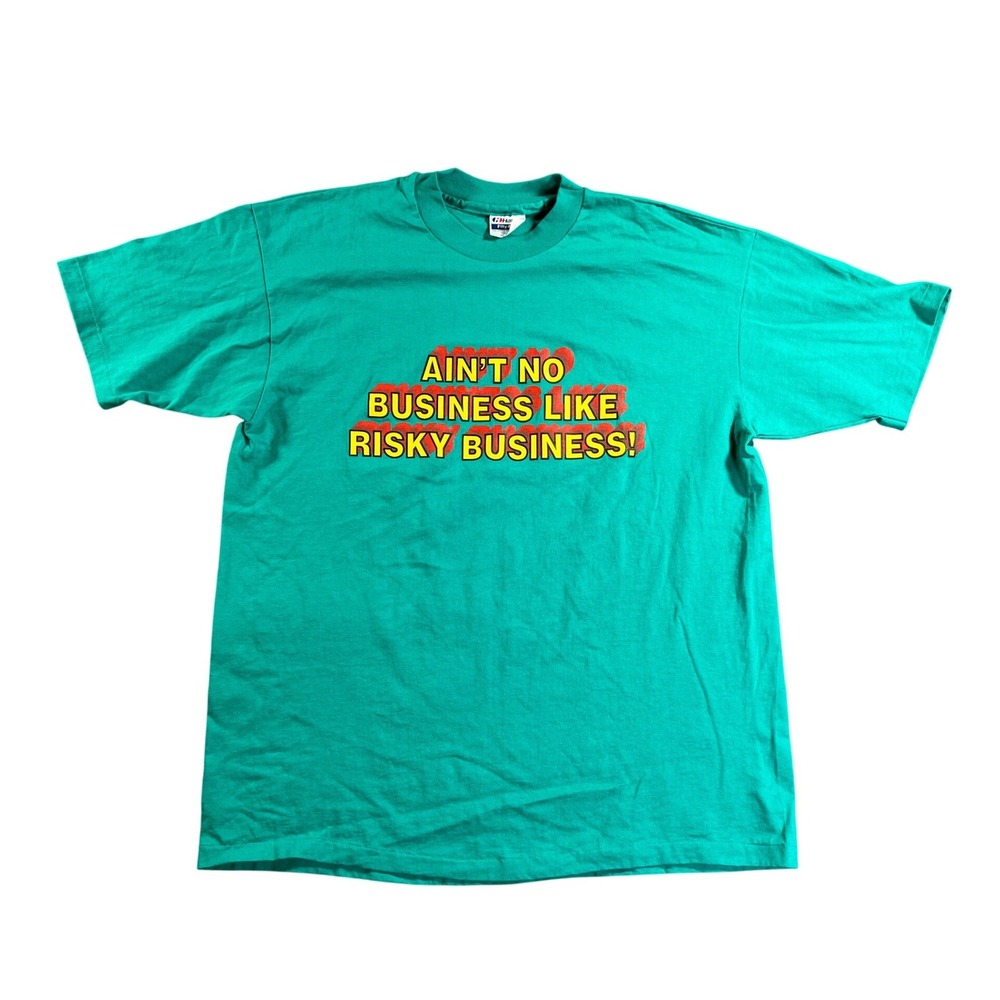 Vintage Aint No Business Like Risky Business Graphic Tee Mens XL Teal Green